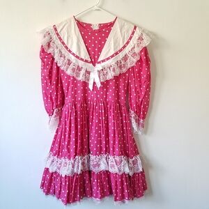 Vtg Hand Made Barbie Pink Polka Dot Ruffle Prairie Cottage Victorian Dress